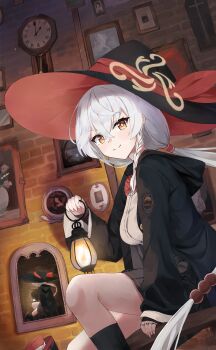 absurdres blue_archive bow bowtie braid brick_wall clock earrings eri_(blue_archive) grandfather_clock gun halo hat highres holding holding_lantern jacket jewelry lanter lantern long_coat long_hair orange_eyes painting room shirt skirt sleeves_past_wrists sweater weapon white_hair witch_hat