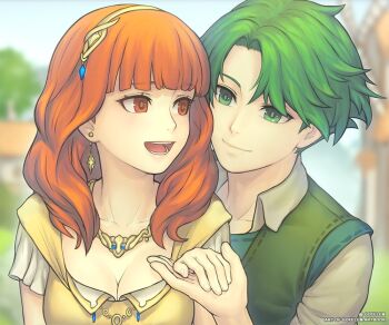 1boy 1girl alm_(fire_emblem) alternate_costume breasts celica_(fire_emblem) cleavage couple earrings fire_emblem fire_emblem_echoes:_shadows_of_valentia gofelem gold_shirt green_eyes green_hair green_shirt hetero holding_hands jewelry large_breasts long_hair nintendo orange_eyes orange_hair prince princess red_eyes red_hair shirt short_hair tiara village