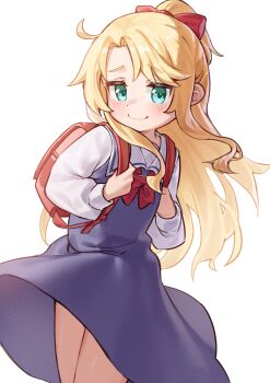 Rule 34 | 1girl, :3, absurdres, backpack, bag, bare legs, blonde hair, blue dress, blush, bow, bowtie, commentary, dress, green eyes, hair bow, highres, himesaka noa, holding strap, long hair, long sleeves, looking at viewer, pinafore dress, ponytail, puffy long sleeves, puffy sleeves, rakkhun, randoseru, red bow, red bowtie, shirt, short ponytail, simple background, sleeveless, sleeveless dress, smile, solo, watashi ni tenshi ga maiorita!, white background, white shirt