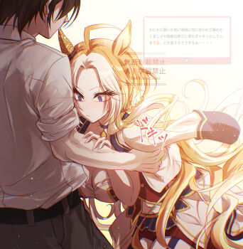 1boy 1girl ahoge animal_ears blue_eyes blush bodice breasts brown_hair choker cleavage closed_mouth commentary_request corset cropped_jacket ear_covers garter_straps highres horse_ears horse_girl horse_tail jacket large_breasts long_hair marshmallow_(site) multicolored_hair orange_hair orfevre_(umamusume) overskirt pendant_choker purple_choker purple_garter_straps red_corset red_shorts request_inset shirt short_hair shorts single_ear_cover starting_future_(umamusume) tail trainer_(umamusume) two-tone_hair umamusume white_hair white_jacket white_shirt yue_(lov_n_n)