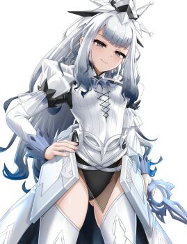 Rule 34 | 1girl, blush, breasts, closed mouth, commentary request, dress, duel monster, gradient hair, grey eyes, grey hair, hand on own hip, highres, holding, holding sword, holding weapon, long sleeves, looking at viewer, maliss <q> white binder, medium breasts, multicolored hair, nokia (nm), puffy long sleeves, puffy sleeves, sidelocks, simple background, smile, solo, sword, thighhighs, weapon, white background, white dress, white thighhighs, white tiara, yu-gi-oh!