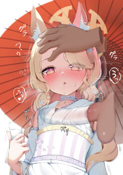 1boy 1girl ? absurdres animal_ears aoto_mei blonde_hair blue_archive blush censored detached_sleeves drunk fox_ears halo hetero highres japanese_clothes kimono loli paid_reward_available penis seia_(blue_archive) umbrella