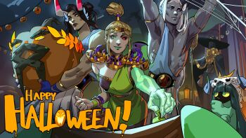 1boy 3girls ancient_greek_clothes asymmetrical_arms beard facial_hair glowing_arm greco-roman_clothes green_arm green_lips hades_(hades) hades_(series) hades_1 hades_2 hecate_(hades) highres holding holding_sickle horns melinoe_(hades) mismatched_sclera moros_(hades) multiple_girls nemesis_(hades) official_art see-through_body sickle skeletal_arm smile