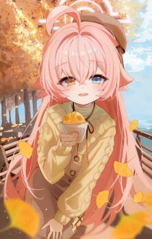 1girl ahoge animal_print autumn_leaves blue_archive blue_eyes blurry blurry_foreground boat brown_hat brown_skirt buttons cable_knit cardigan chii_(k_ung) cloud commentary_request crossed_bangs day falling_leaves fish_print food hair_between_eyes hair_intakes hand_on_own_thigh hat heterochromia highres holding holding_food hoshino_(blue_archive) incoming_food leaf long_hair long_sleeves looking_at_viewer neck_ribbon on_boat open_mouth outdoors pink_hair red_ribbon ribbon shirt sitting skirt sleeve_cuffs sleeves_past_wrists smile solo teeth tree upper_teeth_only water watercraft white_shirt yellow_cardigan yellow_eyes