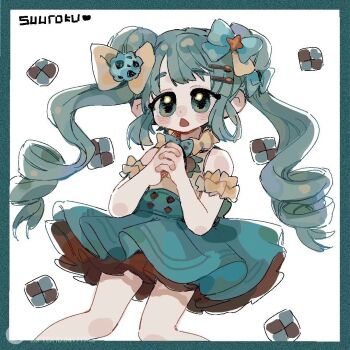 aqua_border aqua_eyes aqua_hair artist_name bare_shoulders blush border bow cookie dot_nose dress drill_hair food frills hair_bow hair_ornament hairpin hatsune_miku long_hair looking_at_viewer nose_blush open_mouth short_eyebrows sidelocks square suuroku twintails vocaloid