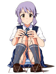 Rule 34 | 1girl, blue necktie, blue panties, blue skirt, blue vest, blush, brown footwear, card, closed mouth, commentary request, crotch seam, frown, grey socks, highres, house of cards, idolmaster, idolmaster million live!, lielos, makabe mizuki, necktie, on floor, panties, pantyshot, partial commentary, shirt, short hair, short sleeves, sidelocks, simple background, skirt, socks, solo, striped clothes, striped panties, summer uniform series (idolmaster), underwear, vest, white background, white shirt, wing collar, yellow eyes