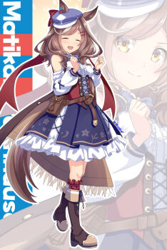 1girl animal_ears belt_bag blue_hat blush boots bow breasts brown_boots brown_hair center_frills closed_eyes closed_mouth clothing_cutout commentary corset ear_ornament ears_through_headwear frills hair_ornament hairclip hat highres horse_ears horse_girl horse_tail kneehighs looking_at_viewer matikanetannhauser_(panpaka_tiltott)_(umamusume) matikanetannhauser_(umamusume) medium_breasts medium_hair multicolored_hair newsboy_cap open_mouth parallel_hairclips red_corset red_skirt shinohara_shinome shirt shoulder_cutout skirt smile socks streaked_hair symbol-only_commentary tail tilted_headwear umamusume white_shirt yellow_eyes zoom_layer