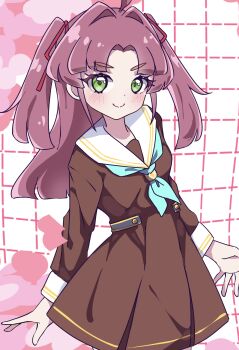 >:) 1girl absurdres ahoge blush brown_dress closed_mouth commentary cosplay dress green_eyes grid_background hair_intakes hair_ribbon hasu_no_sora_school_uniform hat highres kobayashi_mikuru love_live!_hasu_no_sora_jogakuin_school_idol_club long_hair long_sleeves looking_at_viewer love_live! meitantei_precure! neckerchief nuanko parted_bangs pleated_dress precure purple_hair red_neckerchief red_ribbon ribbon sailor_collar sailor_dress school_uniform short_dress smile solo split_mouth standing two_side_up v-shaped_eyebrows white_sailor_collar winter_uniform