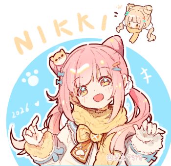 +++ 1girl 2026 :o artist_name blonde_hair blue_background blue_bow blue_sailor_collar blunt_bangs bow bowtie brooch brown_bow brown_bowtie brown_eyes buttons character_name cherilynorz claw_pose coat commentary_request cone_hair_bun dog_hair_ornament dot_nose double_bun fingerless_gloves frilled_sailor_collar frills fur-trimmed_sleeves fur_trim gloves guardian_floof_(infinity_nikki) hair_bow hair_bun hair_ornament hair_over_shoulder hair_scrunchie hairclip happy head_only infinity_nikki jewelry light_blush long_hair long_sleeves low_twintails multiple_views nikki_(nikki) nikki_(series) notice_lines open_mouth outline parallel_hairclips parted_lips paw_print paw_print_pattern pink_hair print_bow print_bowtie sailor_collar scarf scrunchie sleeve_bow smile solid_oval_eyes star_(symbol) star_in_eye symbol_in_eye tareme twintails two-tone_background upper_body white_background white_coat white_gloves white_outline white_scrunchie winter_clothes winter_coat yellow_scarf