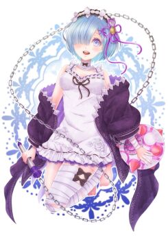 1girl ball_and_chain_(weapon) bandaged_leg bandages black_bow black_ribbon blue_eyes bow commentary_request dress eyelashes hair_ornament hair_over_one_eye highres looking_at_viewer re:zero_kara_hajimeru_isekai_seikatsu rem_(re:zero) ribbon short_hair sinoalice solo tm_(pixiv45602758) weapon white_dress x_hair_ornament