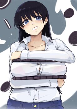 1girl arato_nagi black_hair blue_eyes breasts button_gap collarbone denim dress_shirt earrings grin highres jewelry large_breasts long_hair long_sleeves meme oreo ruri_no_houseki shioreos_(meme) shirt shirt_tucked_in smile solo vialnite white_shirt