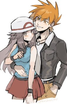 1boy 1girl arm_around_waist bare_arms blue_oak blue_shirt blush breasts brown_eyes brown_hair brown_pants closed_mouth couple cowboy_shot cropped_legs grey_jacket grin hair_between_eyes hand_in_pocket hat hetero hug hug_from_behind jacket kash-phia leaf_(pokemon) long_hair looking_back medium_breasts miniskirt nintendo open_clothes open_jacket orange_eyes orange_hair pants pokemon pokemon_frlg pokemon_hgss print_hat red_skirt shirt short_hair simple_background sketch skirt sleeveless sleeveless_shirt smile spiked_hair sweatdrop twitter_username white_background white_hat white_shirt wristband