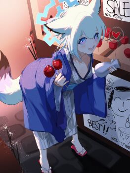 1girl :d absurdres animal_ears bath_yukata bent_over blue_archive blush bottle breasts candy_apple cleavage downblouse fireworks food grey_kimono halo heart highres holding holding_bottle holding_food japanese_clothes kimono looking_at_viewer medium_breasts okobo open_mouth platform_sandals plentyofempty purple_eyes sandals shigure_(blue_archive) shigure_(hot_spring)_(blue_archive) short_hair smile solo sparkler spoken_heart standing stone_floor tail white_hair yagasuri yukata