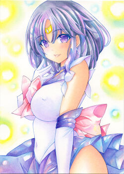 1girl back_bow bishoujo_senshi_sailor_moon black_hair bow breasts brooch covered_erect_nipples earrings elbow_gloves gloves jewelry large_breasts nightmare77zx purple_eyes purple_sailor_collar purple_skirt sailor_collar sailor_saturn sailor_senshi_uniform short_hair simple_background skirt solo star_brooch tight_clothes tomoe_hotaru white_background white_gloves wide_hips