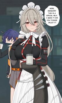 2girls alexandrina_sebastiane belle_(zenless_zone_zero) black_dress black_gloves black_shirt blue_hair blurry blurry_background blush breasts cup dress drinking_glass english_text glass gloves green_eyes grey_hair hair_between_eyes hair_ornament highres holding holding_cup jacket large_breasts letter_hair_ornament long_hair looking_at_viewer maid maid_headdress milk multiple_girls na_(naneesan1) open_mouth partially_fingerless_gloves red_eyes shirt short_hair smile speech_bubble very_long_hair zenless_zone_zero