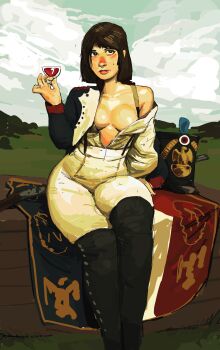 1girl absurdres alcohol black_boots black_eyes black_hair blush boots breasts cleavage cloud cloudy_sky collarbone commentary covered_erect_nipples cup day english_commentary france french_flag hat high-waist_pants highres holding holding_cup long_sleeves looking_to_the_side medium_breasts medium_hair military_hat napoleonic_wars no_bra nose_blush off-shoulder_shirt off_shoulder original outdoors pants red_wine shirt single_bare_shoulder sitting sky solo vest waistcoat white_pants white_shirt wine zanzalur