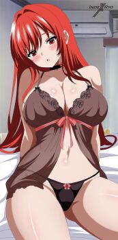 1girl :o absurdres air_conditioner artist_name babydoll bedroom black_choker black_panties blush breasts choker cleavage goddess_of_victory:_nikke highres indexryo large_breasts lingerie looking_at_viewer navel panties rapi_(nikke) rapi_(red_hood)_(cherished_red)_(nikke) rapi_(red_hood)_(nikke) red_eyes red_hair sitting solo stomach thighs underwear watermark