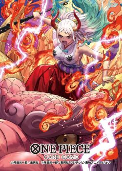 1boy 1girl adachi_yousuke alternate_form aqua_hair club club_(weapon) commentary_request copyright_name dragon earrings electricity fire floating_hair hair_ornament hakama holding holding_weapon horns japanese_clothes jewelry kanabou kimono kouzuki_momonosuke official_art one_piece one_piece_card_game open_mouth ponytail red_hakama sidelocks sleeveless sleeveless_kimono thick_eyebrows weapon white_hair white_kimono yamato_(one_piece)