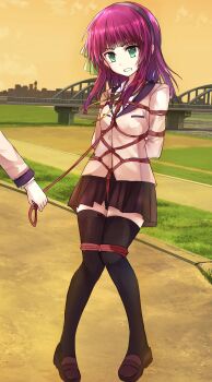 1girl 1other angel_beats! angel_beats!_track_zero arms_behind_back bdsm black_hairband black_skirt black_thighhighs blunt_bangs bondage bound bound_arms bound_legs bound_torso bow bridge brown_shoes cap_(user_dxfj5558) clenched_teeth collared_shirt commentary crotch_rope full_body green_bow green_eyes hair_bow hairband highres holding holding_rope jacket knees_together_feet_apart loafers long_sleeves looking_to_the_side medium_hair miniskirt nakamura_yuri nakamura_yuri_(school_uniform) neck_ribbon official_alternate_costume outdoors pleated_skirt public_indecency purple_hair restrained ribbon river rope school_uniform shibari shirt shoes sidelocks skirt sky solo_focus standing straight_hair sunset teeth thighhighs v-shaped_eyebrows white_shirt yellow_jacket yellow_ribbon yellow_sky zettai_ryouiki