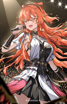 1girl absurdres adapted_costume alternate_costume arm_armor armor artist_name augusta_(wuthering_waves) black_hairband black_skirt breastplate breasts commentary cowboy_shot crowd dress english_commentary hairband highres holding holding_microphone idol indoors large_breasts long_hair looking_ahead microphone music open_mouth orange_eyes orange_hair ryeon_(naturesan) singing skirt smile solo white_dress wuthering_waves
