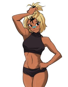 1girl arm_up balcony bandaid bandaid_on_face bandaid_on_nose beck_shiloh black_eyes black_panties blonde_hair breasts commentary cowboy_shot cross_scar dark-skinned_female dark_skin english_commentary hair_pulled_back highres holding_own_hair light_blush light_smile linea_alba medium_breasts multicolored_hair multiple_scars panties rumble_after_dark scar scar_on_arm scar_on_chin scar_on_face scar_on_leg scar_on_shoulder scar_on_stomach sleeveless sleeveless_turtleneck solo spicymancer streaked_hair turtleneck two-tone_hair underwear