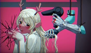 absurdres animal_ears antlers deer_antlers deer_ears deer_girl deltarune disembodied_hand furry furry_female hair_dryer highres horns kris_(dark_world)_(deltarune) kris_(deltarune) noelle_holiday noelle_holiday_(dark_world) reindeer_girl ssyyk1sk thorn_ring_(deltarune) utdr_(toby_fox) weird_route_(deltarune)