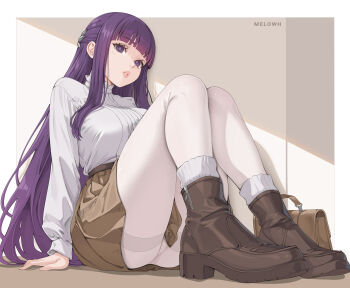 Rule 34 | 1girl, absurdres, ankle boots, arm support, artist name, bag, blunt bangs, boots, border, breasts, brown boots, brown skirt, commentary, english commentary, fern (sousou no frieren), hair ornament, high-waist skirt, high heel boots, high heels, highres, knees up, large breasts, light blush, long hair, long sleeves, looking at viewer, melowh, outside border, pantyhose, parted lips, purple eyes, purple hair, purple pupils, shirt, sitting, skirt, solo, sousou no frieren, thighband pantyhose, very long hair, white border, white pantyhose, white shirt, zipper pull tab