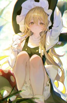 1girl arm_on_own_head arm_up artist_name bag black_hat black_vest blonde_hair bloomers braid commentary_request feet_out_of_frame fly_agaric hand_on_headwear hat highres holding holding_bag kirisame_marisa knees_up long_hair long_sleeves looking_at_viewer mushroom orange_eyes parted_lips pkokonatu shirt single_braid socks solo squatting touhou underwear very_long_hair vest white_bloomers white_shirt white_socks witch_hat