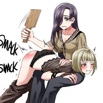 artist_request bent_over black_hair black_panties blonde_hair blush drag-on_dragoon drag-on_dragoon_2 english_text grey_eyes hair_over_one_eye long_hair lying_on_lap manah motion_lines non-web_source on_lap one_eye_closed original paddle panties pulled_down_pants red_eyes short_hair simple_background source_request spanked spanking square_enix tearing_up tears underwear