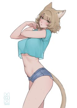 1girl absurdres animal_ear_piercing animal_ears blonde_hair blue_shirt body_freckles breasts cat_ears cat_girl cat_tail crop_top denim denim_shorts face_piercing freckles green_eyes highres large_breasts looking_at_viewer micro_shorts navel_piercing nose_piercing original piercing quilm shirt short_hair shorts simple_background solo tail underwear white_background