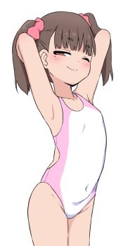 1girl alternate_hairstyle armpits arms_behind_head blush breasts brown_hair bubukka closed_mouth competition_swimsuit covered_navel dot_nose female_focus groin hair_ornament hair_scrunchie half-closed_eye highres loli looking_at_viewer medium_hair mole mole_under_eye one-piece_swimsuit one_eye_closed original pink_scrunchie scrunchie seductive_gaze seductive_smile simple_background skindentation small_breasts smile solo standing swimsuit thighs twintails uri_(bubukka) white_background wink