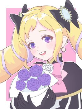 1girl black_bow blonde_hair border bouquet bow commentary_request drill_hair earrings elise_(fire_emblem) fire_emblem fire_emblem_fates flower hair_bow highres holding holding_bouquet jewelry kasyo_2501 looking_at_viewer multiple_hair_bows nintendo outside_border pink_background purple_eyes sidelocks simple_background smile solo teeth twin_drills upper_teeth_only white_border