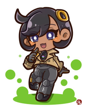 1girl :3 :d absurdres black_bodysuit black_gloves black_hair black_shoes bodysuit bodysuit_under_clothes brown_jacket chibi chibi_only commentary cowlick dark-skinned_female dark_skin emma_(pokemon) gloves hair_between_eyes hair_ornament highres jacket latex latex_bodysuit light_blush long_sleeves looking_at_viewer mega_stone nintendo open_mouth orange_gloves pokemon pokemon_legends:_z-a purple_eyes sakura_haru_(haru_sa_ku_ra) shoes short_hair sidelocks signature smile solo standing standing_on_one_leg swept_bangs two-tone_gloves white_background
