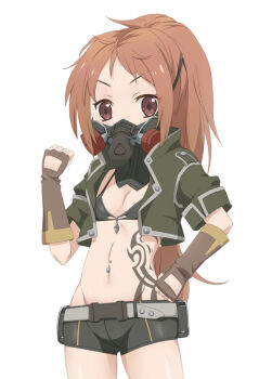 1girl belt bikini black_bikini breasts brown_eyes brown_gloves code_vein cropped_jacket fingerless_gloves gloves green_jacket hand_on_own_hip jacket long_hair looking_at_viewer mask murasame_rin_(code_vein) navel_piercing open_clothes open_jacket orange_hair piercing ponytail raised_fist respirator short_shorts shorts sidelocks simple_background small_breasts solo stomach_tattoo swimsuit tarian tattoo white_background white_belt