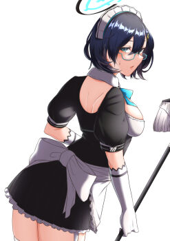 1girl absurdres alternate_costume apron aqua_eyes asuna_(blue_archive) asuna_(blue_archive)_(cosplay) black_bow black_dress blue-framed_eyewear blue_archive blue_bow blue_bowtie blue_hair blue_halo blush bow bowtie breasts chihiro_(blue_archive) commentary_request cosplay cowboy_shot detached_collar dress elbow_gloves enmaided frilled_apron frilled_dress frills from_behind garter_straps glasses gloves halo highres holding holding_mop large_breasts looking_at_viewer maid maid_day maid_headdress mop parted_lips puffy_short_sleeves puffy_sleeves ryusei_(ster0629) semi-rimless_eyewear short_dress short_hair short_sleeves simple_background solo sweatdrop thighhighs thighs under-rim_eyewear white_apron white_background white_bow white_gloves white_thighhighs zettai_ryouiki