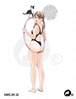 1girl artist_logo ass barefoot black_one-piece_swimsuit breasts brown_eyes brown_hair cat commentary_request competition_swimsuit dated from_behind full_body glasses highleg highleg_one-piece_swimsuit holding_hoop hoop hula_hoop logo long_hair looking_at_viewer looking_back medium_breasts one-piece_swimsuit one-piece_thong original q98780409 simple_background solo swimsuit thong white_background