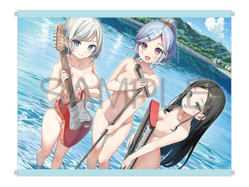 3girls black_hair blue_eyes blue_hair breasts commentary_request completely_nude convenient_censoring green_eyes guitar henjin_no_salad_bowl heterochromia holding holding_guitar holding_instrument holding_microphone_stand instrument kantoku keyboard_(instrument) large_breasts livia_de_udis long_hair microphone microphone_stand minakami_noa multiple_girls nude ponytail purple_eyes short_hair water watermark white_hair yumisashi_asumi