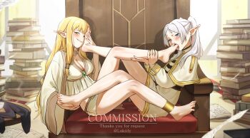 2girls barefoot blonde_hair blush book book_stack breasts capelet cleavage commentary commission commissioner_name elf english_commentary english_text feet foot_on_another's_face foot_worship frieren full_body gold_trim green_eyes grey_hair highres licking licking_foot long_hair long_pointy_ears long_sleeves looking_at_viewer multiple_girls pantyhose pointy_ears robe saliva serie_(sousou_no_frieren) shirt sitting soles sousou_no_frieren striped_clothes striped_shirt table thighs throne toes tongue tongue_out twintails unworn_pantyhose waligner white_capelet white_robe yuri