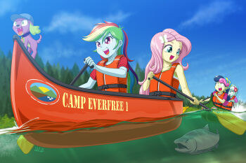 1boy 4girls bonbon_(my_little_pony) canoe dog fish fluttershy holding holding_oar life_vest lyra_heartstrings multiple_girls my_little_pony my_little_pony:_equestria_girls my_little_pony:_friendship_is_magic oar rainbow_dash rowing spike_(my_little_pony) tagme uotapo