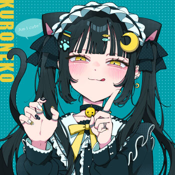 1girl animal_ears bell black_hair blush cat_ears cat_girl cat_tail commentary_request half-closed_eyes hands_up highres licking_lips long_hair maria_komaki multicolored_nails nail_polish neck_bell original solo tail tongue tongue_out twintails yellow_eyes