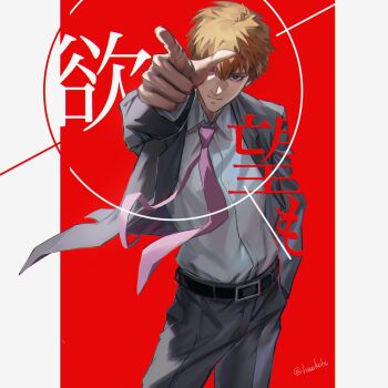 1boy belt black_belt closed_mouth collared_shirt cowboy_shot floating_clothes floating_neckwear formal_clothes grey_suit haekchi hashtag-only_commentary highres looking_at_viewer male_focus mob_psycho_100 necktie pointing pointing_at_viewer purple_necktie reigen_arataka shirt shirt_tucked_in solo suit translation_request twitter_username white_shirt