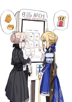 2girls absurdres ahoge artoria_pendragon_(fate) black_dress blonde_hair blue_dress commentary dress excalibur_(fate/stay_night) excalibur_morgan_(fate) fate/stay_night fate_(series) food french_fries green_eyes highres honkai:_star_rail honkai_(series) long_sleeves multiple_girls notonaon official_alternate_costume photo-referenced pointing profile saber_(fate) saber_(honkai:_star_rail)_(fate) saber_alter short_hair white_background yellow_eyes