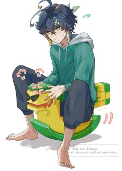 Rule 34 | 1boy, ajaw (genshin impact), aqua shirt, barefoot, black hair, black pants, blonde hair, closed mouth, commentary request, earrings, feet, genshin impact, green eyes, green hair, green headband, hair between eyes, headband, highres, hood, hoodie, jewelry, kinich (genshin impact), long sleeves, male focus, multicolored hair, pants, shirt, short hair, skg g, solo, toes, white hoodie