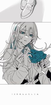 2girls ado_(utaite) blue_eyes blue_flower blue_rose bow bowtie chando_(ado) commentary_request dual_persona flower gunjyou_(gunjyou_00) hair_between_eyes highres loafers long_hair long_sleeves mole mole_under_eye multiple_girls rose shoes spot_color translation_request utaite