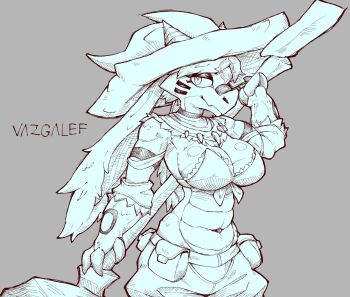 Rule 34 | animal ears, artist name, atlyss, belt pouch, breasts, brown background, circle, clawed hands, clevatess: majuu no ou to akago to shikabane no yuusha, commentary, detached sleeves, english commentary, facial mark, gaiters, half-closed eyes, hat, highres, holding, holding staff, horns, jewelry, kobold, kubold (atlyss), large breasts, limited palette, looking at viewer, muscular, muscular female, navel, necklace, player character (atlyss), pouch, reptile girl, scales, short hair, simple background, smile, staff, stomach, strapless, tooth necklace, tube top, vazga, witch, witch hat