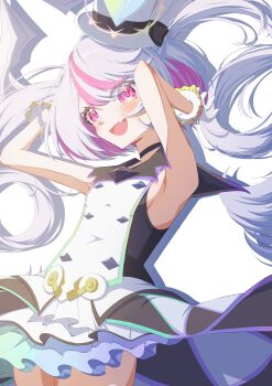 1girl absurdres armpits black_choker black_dress choker commentary dress duel_masters fang gloves gradient_clothes grey_hair grey_horns hat highres horns idol_clothes kouchi_no_chouten_radio_roses long_hair mini_hat mini_top_hat multicolored_dress multicolored_hair open_mouth pengcake pink_eyes pink_hair sleeveless sleeveless_dress solo symbol-only_commentary top_hat twintails white_background white_dress white_gloves white_hat
