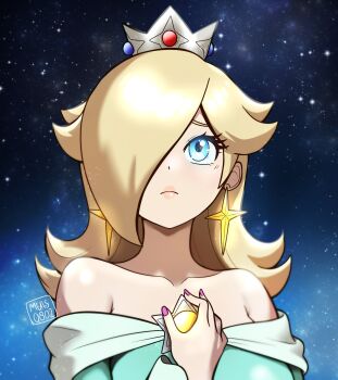 1girl artist_name bare_shoulders blonde_hair blue_eyes brooch closed_mouth collarbone commentary crown dress earrings english_commentary eyelashes hair_over_one_eye highres jewelry long_hair looking_up mario_(series) muis0802 nintendo off-shoulder_dress off_shoulder purple_nails rosalina solo space star_(symbol) star_brooch star_earrings super_mario_galaxy upper_body