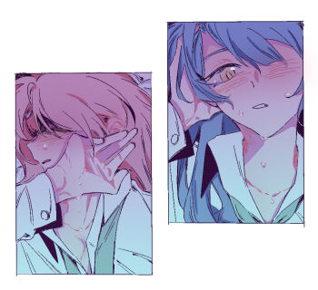 2girls bang_dream! bang_dream!_it&#039;s_mygo!!!!! blue_hair blush chihaya_anon commentary crying crying_with_eyes_open ear_blush green_necktie haneoka_school_uniform hashtag-only_commentary long_hair long_sleeves multiple_girls necktie open_mouth pink_hair school_uniform shirt tears togawa_sakiko white_shirt yellow_eyes yuri z_akane890