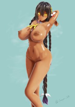 3d :o absurdres armpits azur_lane bad_id bad_pixiv_id breasts commentary_request dark-skinned_female dark_skin feather_hair_ornament feathers feet_out_of_frame green_background hair_ornament highres jewelry large_breasts native_american navel nipples nude skyxero13 south_dakota_(azur_lane) standing sweat tri_braids yellow_eyes