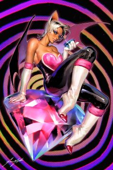 Rule 34 | 1girl, animal ears, bare shoulders, bat ears, bat girl, bat wings, black bodysuit, black eyeliner, blue eyeshadow, bodysuit, boots, breasts, cleavage, collarbone, commentary, crystal, elbow gloves, english commentary, eyeliner, eyeshadow, full body, gloves, high heel boots, high heels, highres, holding, holding crystal, humanization, large breasts, makeup, parted bangs, pink trim, rouge the bat, short hair, sideboob, sign, smile, solo, sonic (series), sozomaika, tan, white boots, white gloves, white hair, wings